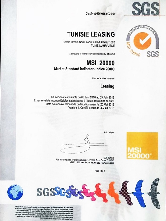 - Certificat SGS-SGS-délivre-la-certification-MSI-20000®-à-Tunisie-Leasing