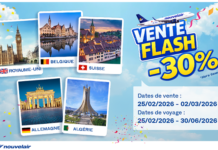 Nouvelair lance une « Vente Flash » offrant une réduction de 30% vers le Royaume-Uni, la Belgique, la Suisse, l’Allemagne et l’Algérie